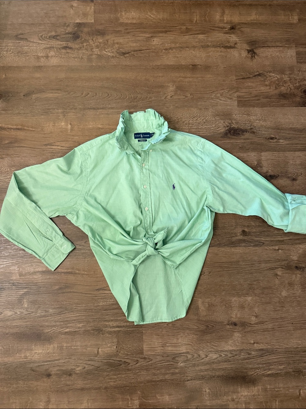 Upcycled Ralph Lauren Green Women’s Button-Down Ruffled Collar Shirt Size XL